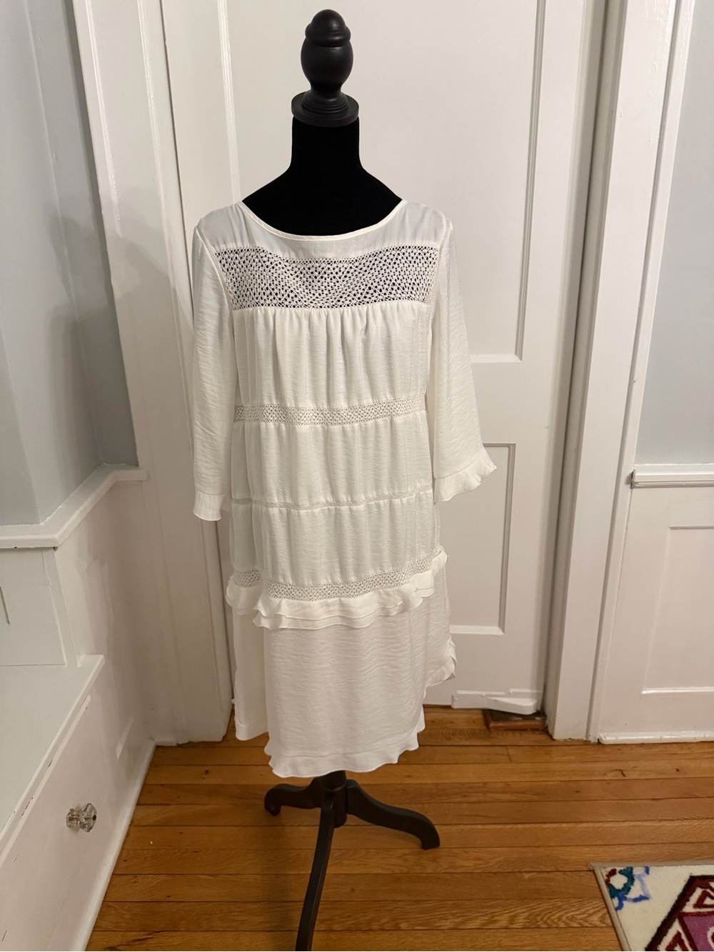 Who What Wear White Crochet-Trim Tiered Long Sleeve Dress